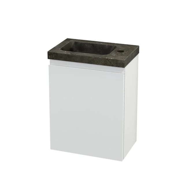 White bathroom unit with dark plastic basin, compact and sleek design, ideal for small bathrooms.