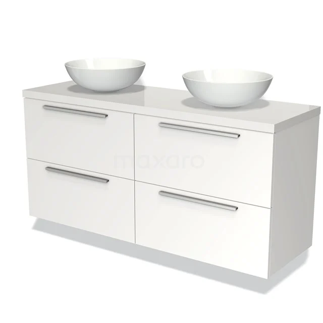 Weißes Badezimmermöbel mit doppelten Aufsatzwaschbecken, modernem Design, vier Schubladen und chromfarbenen Griffen. Geeignet für stilvolle Bäder.