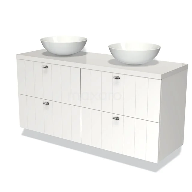 Modulo Plato Vanity units for countertop basin | 140 cm Matte white Slat front High-gloss white worktop 4 drawers BMK18-00654 White double vanity unit with ribbed pattern, ceramic countertop wash basins and metal handles, perfect for a stylish bathroom.