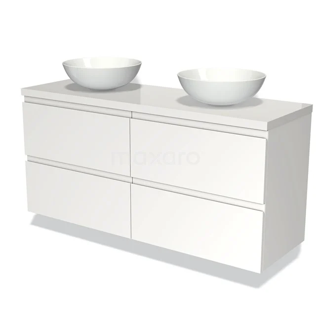 Badmöbel für Waschtischunterschrank mit Konsole 140cm Modulo Plato Matt Weiß 4 Schubladen Grifflos Hochglanz Weiß Platte BMK18-00655 Weißes Badezimmermöbel mit doppelten runden Aufsatzwaschbecken, minimalistisches Design und vier Schubladen für praktischen Stauraum.