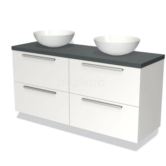 Weiße Badmöbelset mit doppelten keramischen Aufsatzwaschbecken, schwarzer Platte und modernen Metallgriffen.