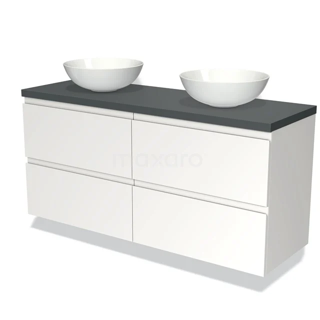 Weißes Badezimmermöbel mit doppeltem Aufsatzwaschbecken, einer schwarzen stabilen Oberfläche und vier geräumigen Schubladen; modernes und stilvolles Design.