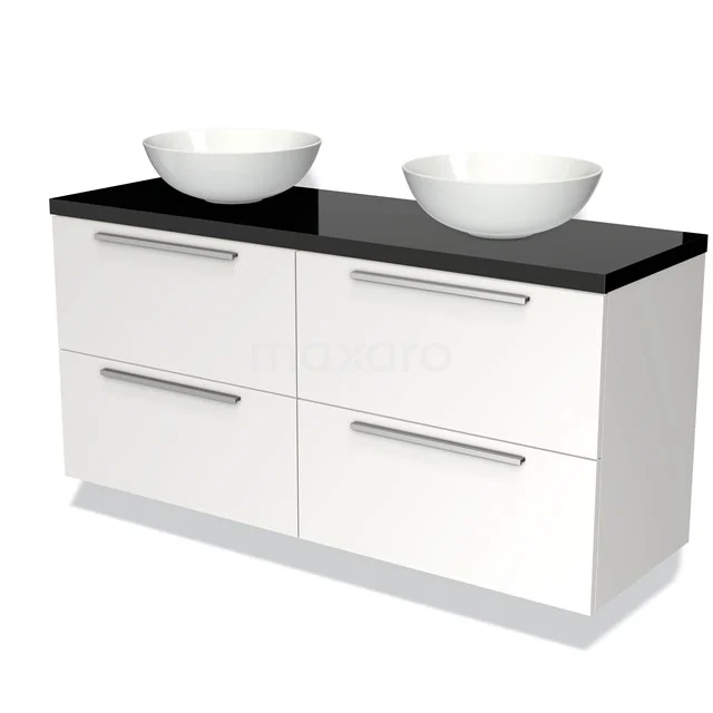 Wit badkamermeubel met zwarte glazen wastafelblad en dubbele ronde waskommen, modern design en ruime opberglades.
