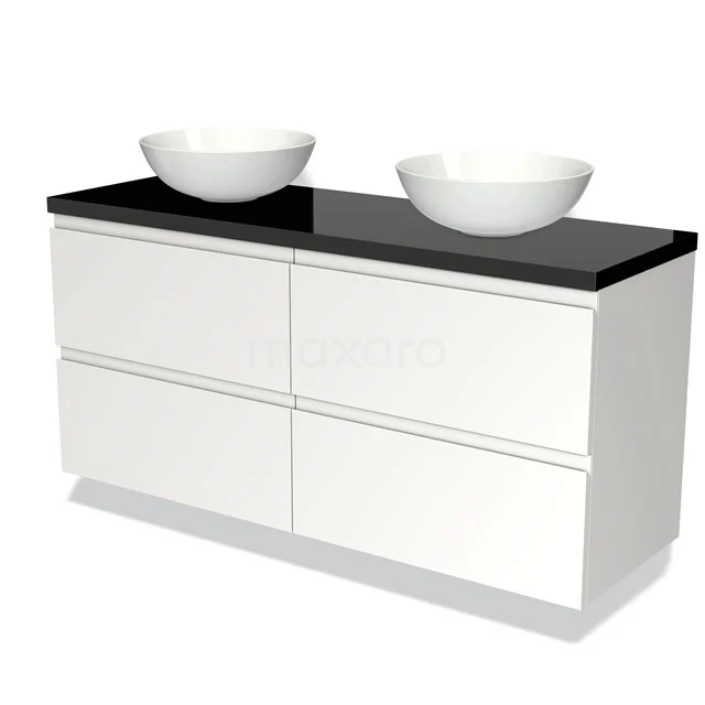 Weißes Badezimmermöbel mit schwarzer Platte und zwei runden Aufsatzwaschbecken, modernes Design, geeignet für moderne Bäder.