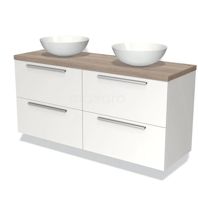 Weißes Badezimmermöbel mit Holzlook Platte, doppeltem Aufsatzwaschbecken und vier Schubladen; modernes Design, ideal für ein stilvolles Badezimmer.