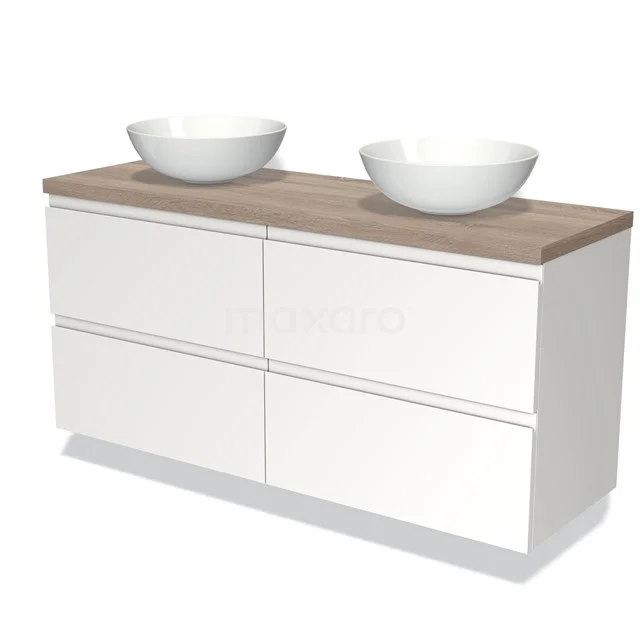 Wit hangend badkamermeubel met houten blad, dubbele ronde waskommen en vier lades, modern design.
