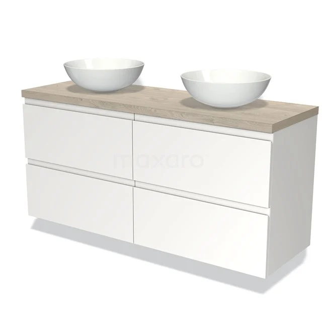 Weißes Badezimmermöbel mit Holzplatte, doppelte Aufsatzwaschbecken, modernes Design und Soft-Close Schubladen für ein stilvolles Badezimmer.