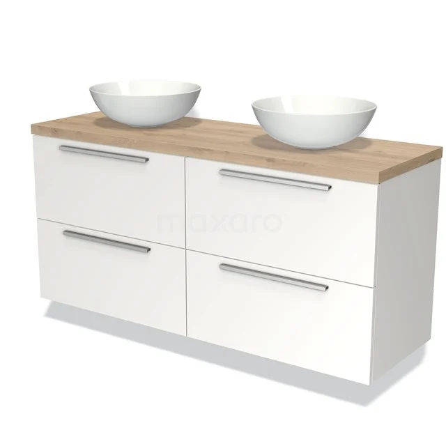Wit badkamermeubel met houten blad, dubbele waskom en vier lades, modern design, ideaal voor een stijlvolle badkamer.