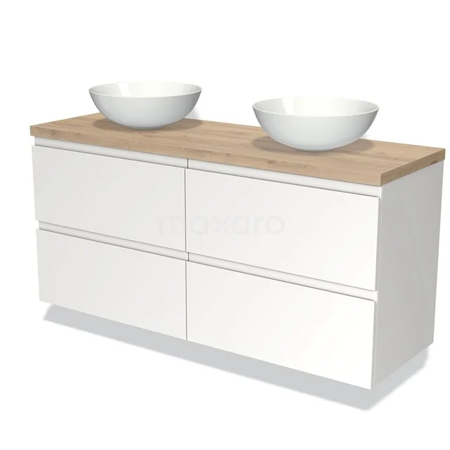 Weißes Badezimmermöbel mit Eichenplatte und doppelten runden Aufsatzwaschbecken, modernes Design und geräumigen Schubladen.
