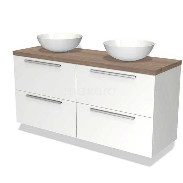 Witte badkamermeubel met houten blad, dubbele wastafel, moderne handgrepen en vier ruime lades voor optimale opbergruimte.