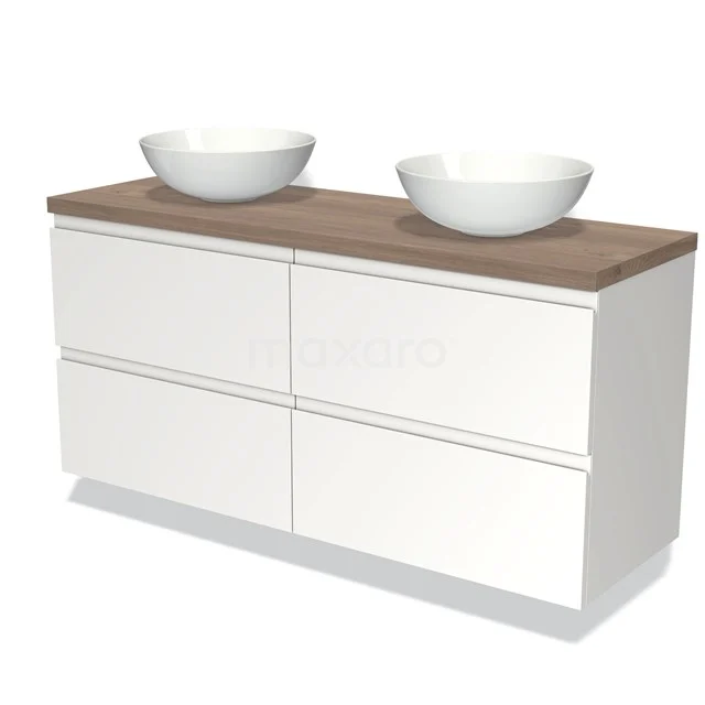 Weißes Badezimmermöbel mit doppelter Naturholzplatte und zwei runden, weißen Aufsatzwaschbecken; modernes und elegantes Design.