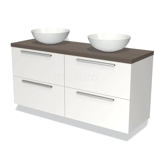Weißes Badezimmermöbel mit dunklem Holzplatte, doppelten Aufsatzwaschbecken und vier Schubladen für praktische Aufbewahrung im modernen Stil.