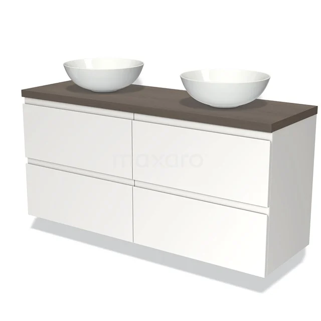 Weißes Badezimmermöbel mit doppeltem Aufsatzwaschbecken, Holzlook Platte und Softclose Schubladen, modernes Design für stilvolle Bäder.