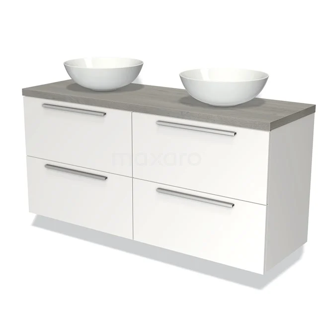 Waschtischunterschrank mit Konsole 140cm Modulo Plato Matt Weiß 4 Schubladen Flach Graue Eiche Platte BMK18-00677 Weißes Badmöbel mit grauer Platte, doppeltem Aufsatzwaschbecken, vier Schubladen und metallischen Griffen; schlankes Design für moderne Bäder.