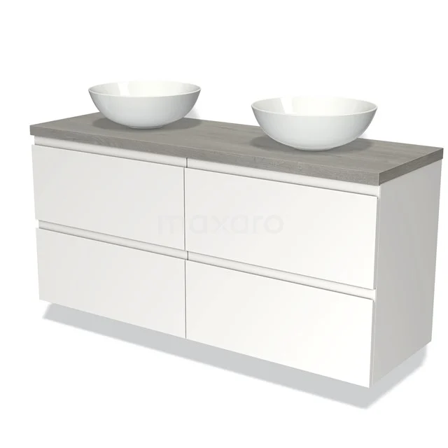 Weißes Badezimmermöbel mit 2 runden Waschbecken, grauem Betonlook Platte, modernem Design und Softclose Schubladen.