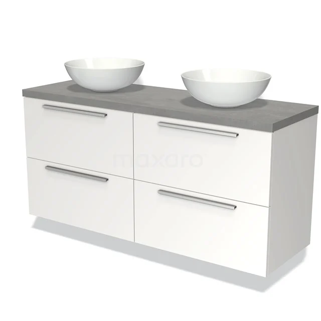 Wit badkamermeubel met grijze bovenblad en twee ronde keramische waskommen, strak design met vier lades.
