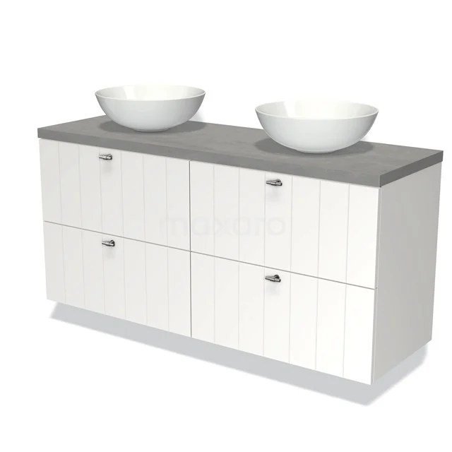 Modulo Plato Vanity units for countertop basin | 140 cm Matte white Slat front Light grey concrete worktop 4 drawers BMK18-00681 White bathroom unit with double sink, four drawers, grey composite worktop; modern series for stylish bathroom.