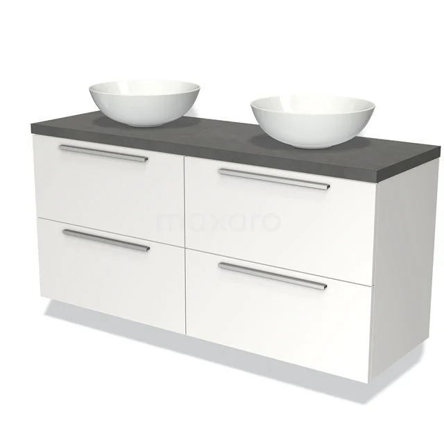 Weißes Badezimmermöbel mit grauer Platte, vier Schubladen und doppeltem Aufsatzwaschbecken; modernes Design für stilvolles Verstauen im Badezimmer.