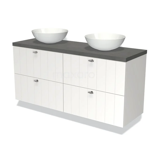 White bathroom unit with black top, double vanity units for countertop wash basins and four drawers, modern and practical for bathroom storage.