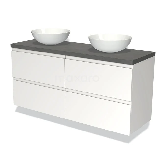 Wit badkamermeubel met dubbele zwarte wastafelblad en twee keramische waskommen, modern design voor stijlvolle badkamers.