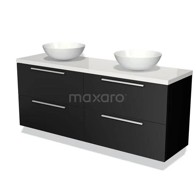 Badmöbel für Aufsatzwaschbecken 160cm Modulo Plato Matt Schwarz 4 Schubladen Flach Hochglanz Weiß Platte BMK18-00946 Schwarz Badmöbel mit doppeltem Aufsatzwaschbecken, modernes Design, glänzende Oberfläche, ideal für ein stilvolles und funktionales Badezimmer.