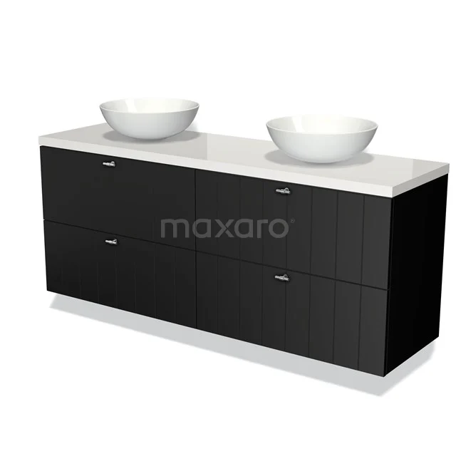 Schwarzes Doppelwaschbeckenmöbel mit weißen keramischen Aufsatzwaschbecken, moderne Badezimmerlösung mit glatten Schubladen und Hochglanzoberfläche.