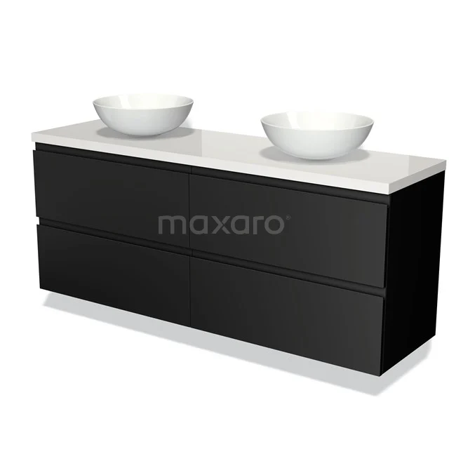 Badmöbel für Aufsatzwaschbecken 160cm Modulo Plato Matt Schwarz 4 Schubladen Grifflos Hochglanz Weiß Platte BMK18-00948 Schwarze Badmöbelset mit Doppelwaschbecken, modernem Design, weißen Keramikkaminen und klarer Gestaltung.