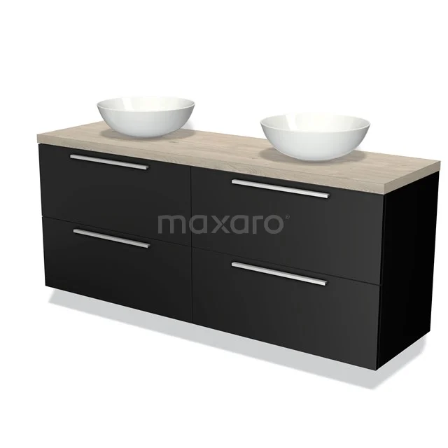 Zwarte dubbele badmeubelset met houtlook blad en twee witte wastafels. Modern design voor stijlvolle badkamerinrichting.