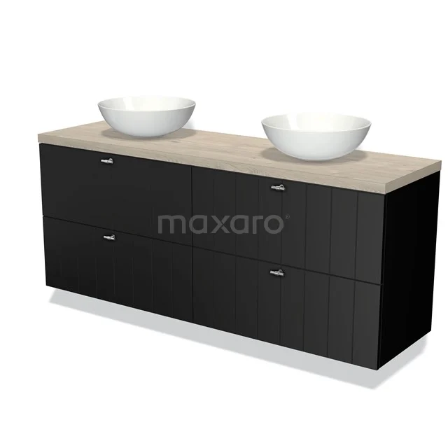 Zwarte houten badkamermeubel zonder kraan, met twee witte waskommen en een natuurhout bovenblad, perfect voor moderne badkamers.