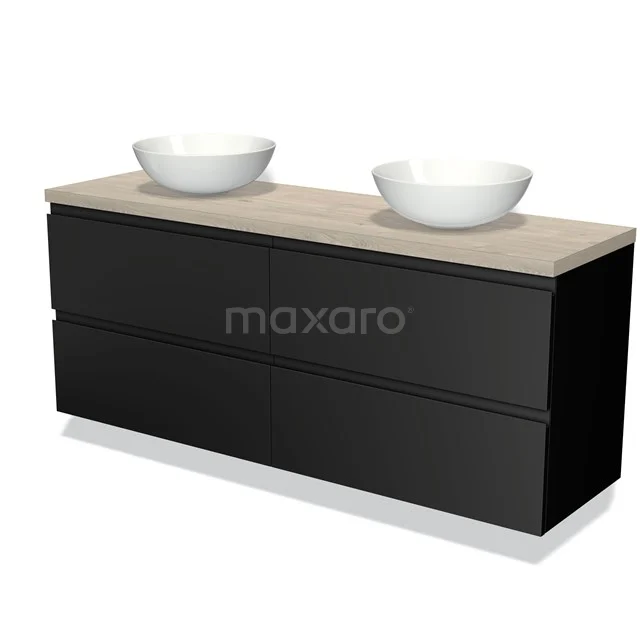 Zwart badkamermeubel met twee witte komvormige waskommen en houten blad, modern design voor stijlvolle badkamerinrichting.