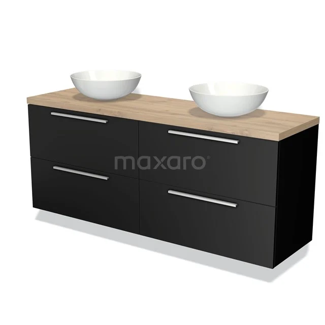 Zwart houten badkamermeubel met twee witte waskommen en een licht houten blad, modern design voor stijlvolle badkamer inrichting.
