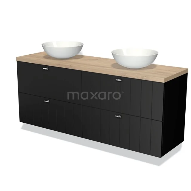 Black bathroom furniture set with wood-look worktop, double white countertop wash basins, modern style for stylish bathroom decor.