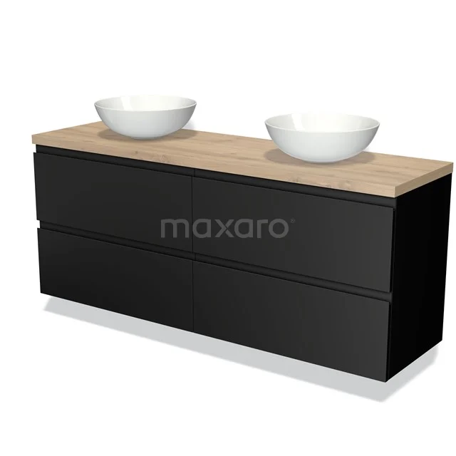 Zwart wastafelmeubel met houtlook blad en dubbele witte waskommen, minimalistisch design voor moderne badkamers.