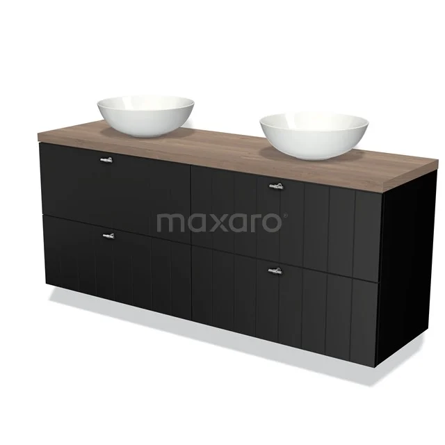 Zwarte badkamermeubelset met houtlook blad, dubbele witte opzetkommen en softclose lades, modern design.