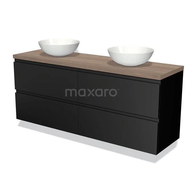 Zwarte badkamermeubelset met houten blad, dubbele wastafel en strak ontwerp, ideaal voor moderne badkamers.