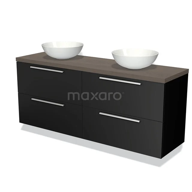 Zwart, modern wastafelmeubel met houtlook blad en dubbele witte waskommen, ideaal voor een stijlvolle badkamerinrichting.