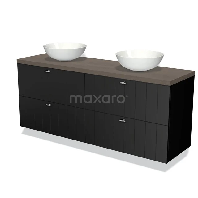 Schwarz Badmöbel mit Holzlook Platte, doppelte weiße Waschbecken und moderne Schubladen für stilvolle Badezimmerlagerung.