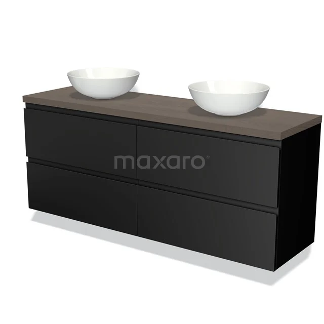 Zwarte dubbele wastafelmeubel met houtlook blad en twee witte waskommen, ideaal voor een moderne badkamerstijl.