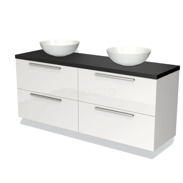 Badmöbel für Aufsatzwaschbecken 160cm Modulo Plato Hochglanz Weiß 4 Schubladen Flach Matt Schwarz Platte BMK18-00979 Weiße Badmöbelset mit Doppelwaschbecken, vier Schubladen und schwarzer Platte für moderne Badezimmergestaltung.