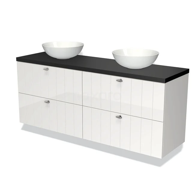 Badmöbel für Aufsatzwaschbecken 160cm Modulo Plato Hochglanz Weiß 4 Schubladen Schiefer Matt Schwarz Platte BMK18-00980 Weißes Doppel-Badmöbel mit schwarzer Platte und zwei Aufsatz-Waschbecken, modernes Design und praktische Schubladen.