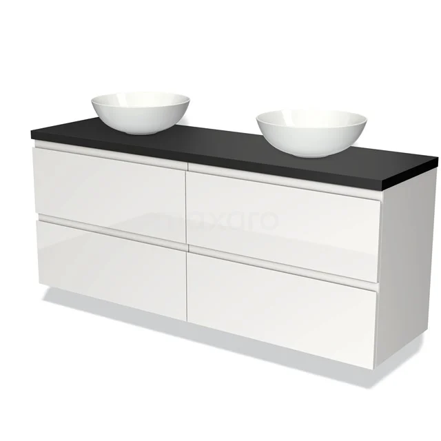 Witte badkamermeubelset met zwarte bovenblad en dubbele komvormige wastafels, modern design en ruime ladekasten.