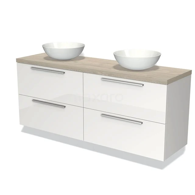 Weißes Badezimmermöbel mit Holzlook Platte, Doppelwaschbecken und vier Schubladen, ideal für eine moderne Badezimmer Einrichtung.