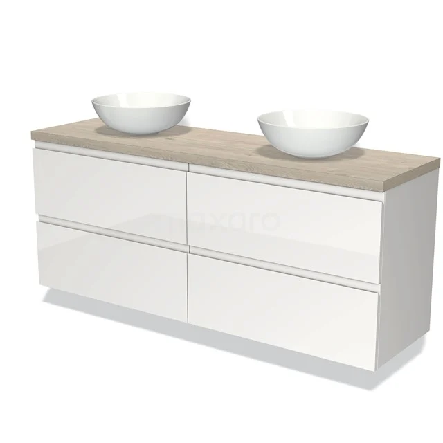 Weißes Holz-Badmöbel mit zwei runden Aufsatzwaschbecken, minimalistisches Design und vier Schubladen für Stauraum.