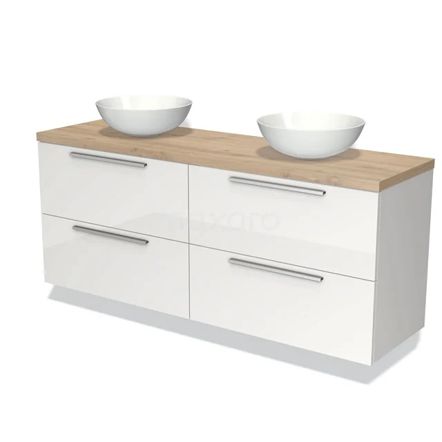 Wit badkamermeubel met houten blad en dubbele komvormige wastafels, modern design met handige lades.