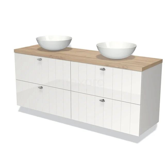 Modulo Plato Badmöbel mit Aufsatzwaschbecken | 160 cm Hochglanz Weiß Lamelle front Hellbraune Eiche blatt 4 Schubladen BMK18-00986 Weißes Holz-Badmöbel mit doppeltem Aufsatzwaschbecken und Eichenplatte, geeignet für moderne Badezimmergestaltung.