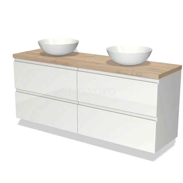 Weißes Holz-Badmöbel mit zwei runden Aufsatzwaschbecken, minimalistisches Design, perfekt für eine moderne Badezimmergestaltung.