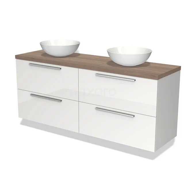 Weißes Hochglanz-Badmöbel mit Holzlook Platte, doppelte weiße Aufsatzwaschbecken und metallische Haltegriffe, modernes Design.