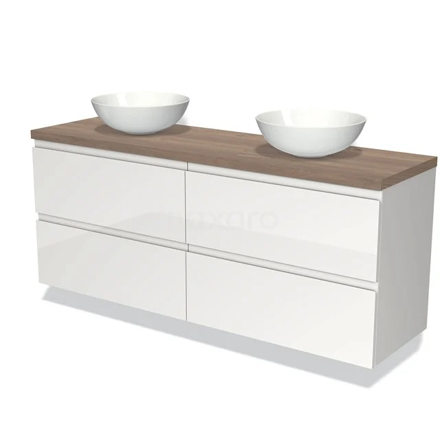 Weißes Badezimmermöbel mit Holzplatte, modernes Design, Doppelwaschbecken, sechs Schubladen, geeignet für stilvolle Badezimmergestaltung.