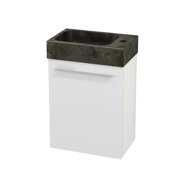 White wooden bathroom unit with dark natural stone vanity units with basin, compact design ideal for small bathrooms.