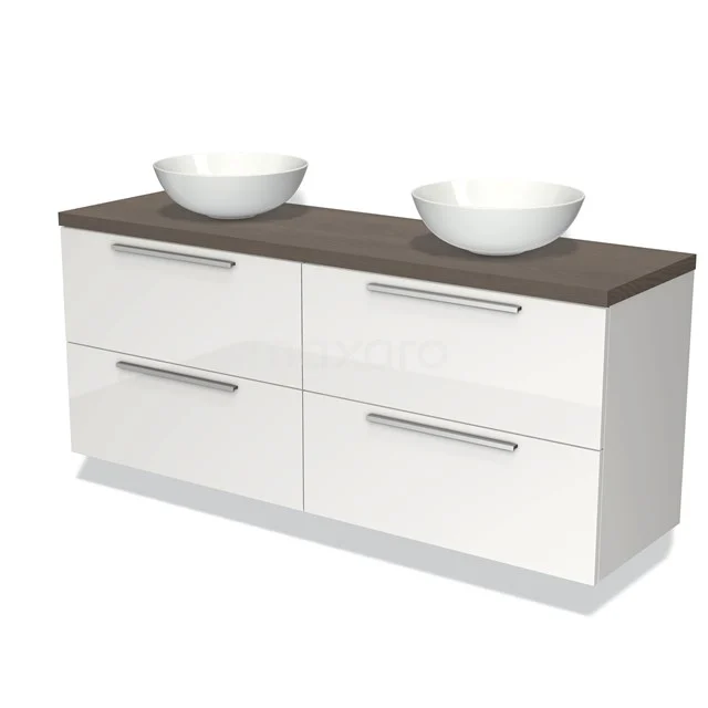 Weißes Badezimmermöbel mit Holzplatte, vier Schubladen und zwei runden Aufsatzwaschbecken, ideal für eine moderne Badezimmergestaltung.